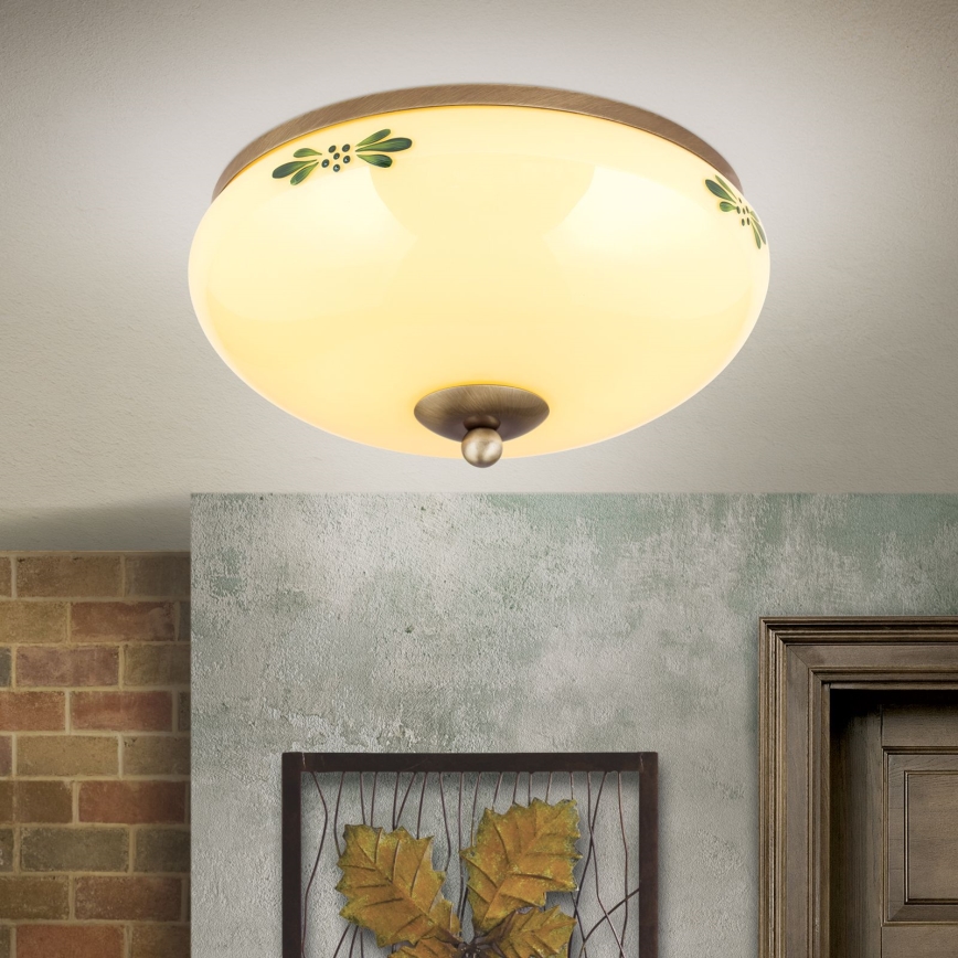 Griestu gaismeklis LANDHAUS 2xE27/60W/230V diametrs 28 cm bronza/bēšs/zaļš