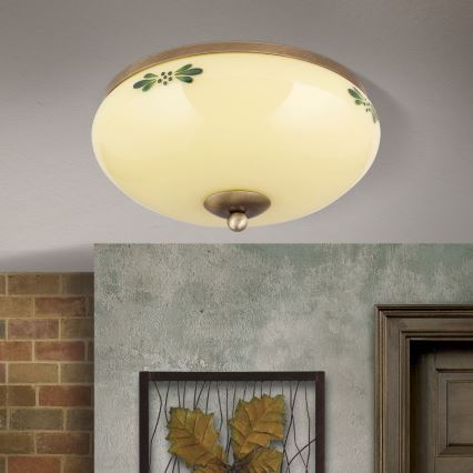 Griestu gaismeklis LANDHAUS 2xE27/60W/230V diametrs 28 cm bronza/bēšs/zaļš