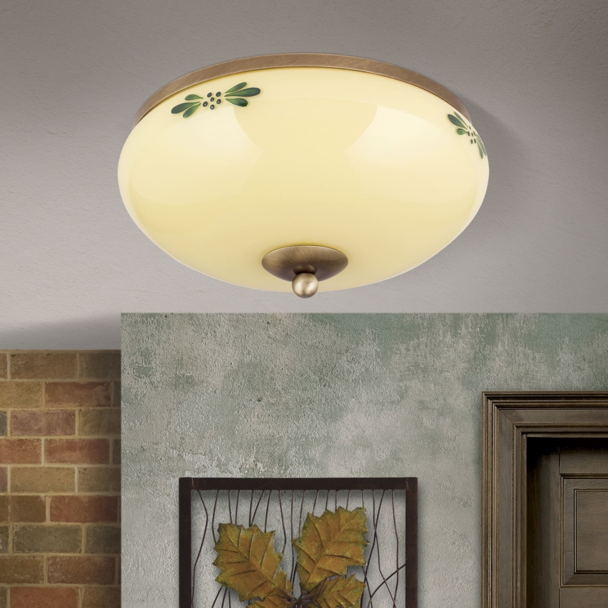 Griestu gaismeklis LANDHAUS 2xE27/60W/230V diametrs 28 cm bronza/bēšs/zaļš
