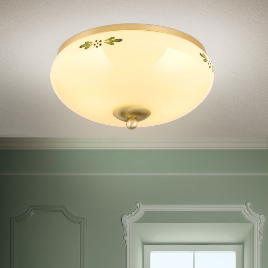 Griestu gaismeklis LANDHAUS 2xE27/60W/230V, Ø 28 cm, misiņš/krēmkrāsa/zaļš