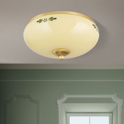 Griestu gaismeklis LANDHAUS 2xE27/60W/230V, Ø 28 cm, misiņš/krēmkrāsa/zaļš
