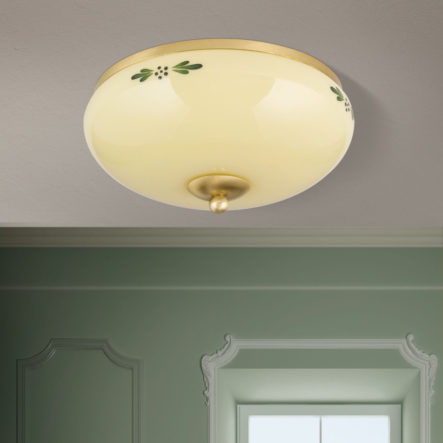 Griestu gaismeklis LANDHAUS 2xE27/60W/230V, Ø 28 cm, misiņš/krēmkrāsa/zaļš
