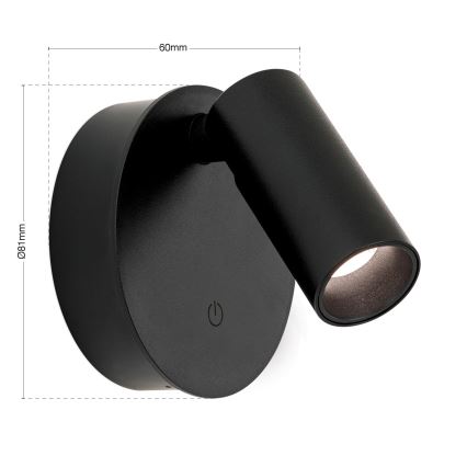 LED aptumšojama lādējama skārienjūtīga sienas punktlampa LUXY LED/1W/5V 2200 mAh 2700/3000/4000K melna