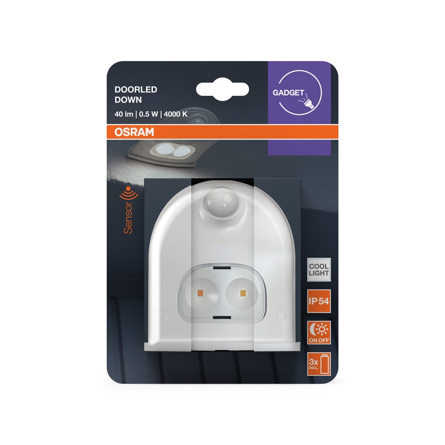 Osram - LED āra sienas gaismeklis ar sensoru DOORLED LED/0,5W/3xAA IP54 balts