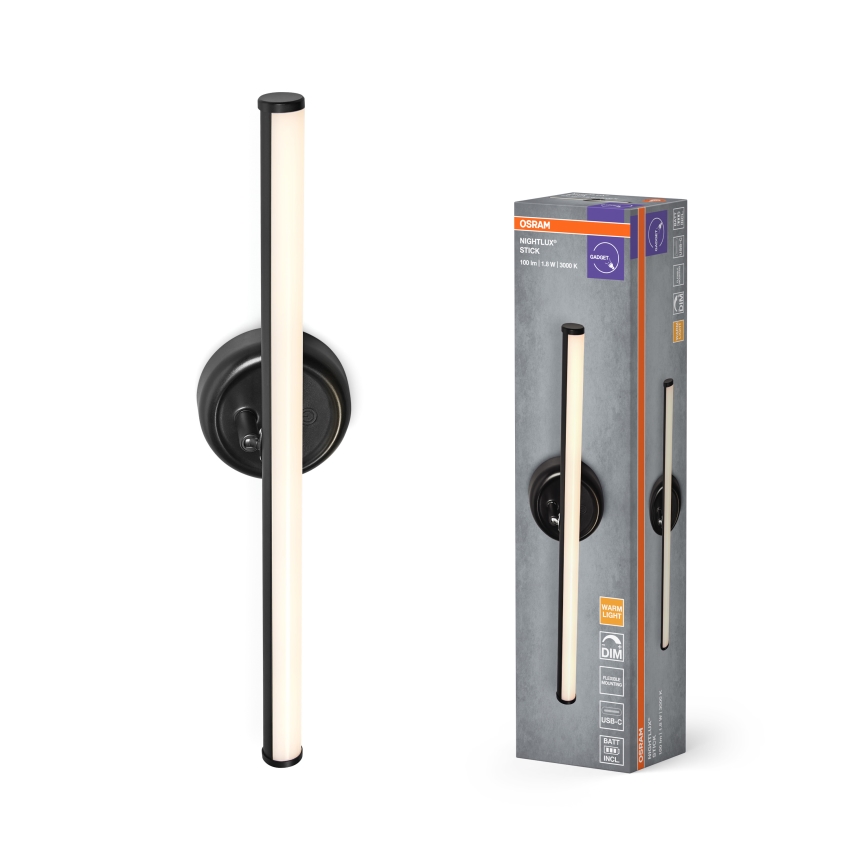 Osram - NIGHTLUX LED uzlādējams sienas gaismeklis ar pieskāriena vadību un regulējamu spilgtumu, LED/1,8W/5V, melns