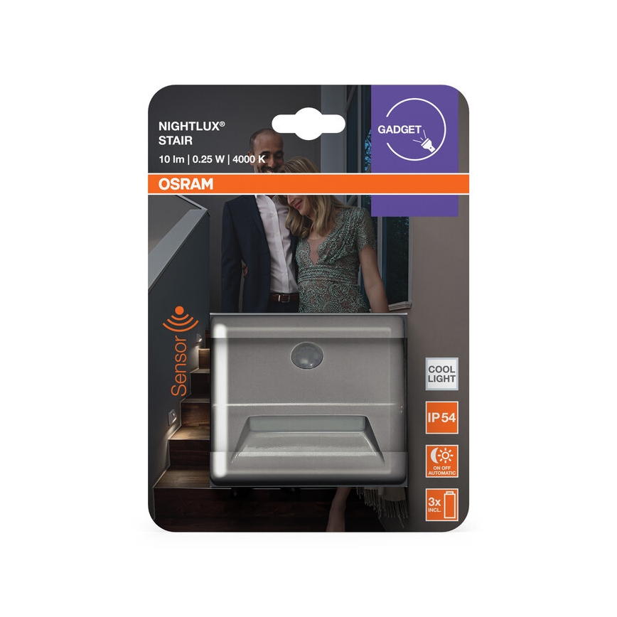 Osram - LED kāpņu gaismeklis ar NIGHTLUX sensoru LED/0,25W/3xAAA IP54 sudraba