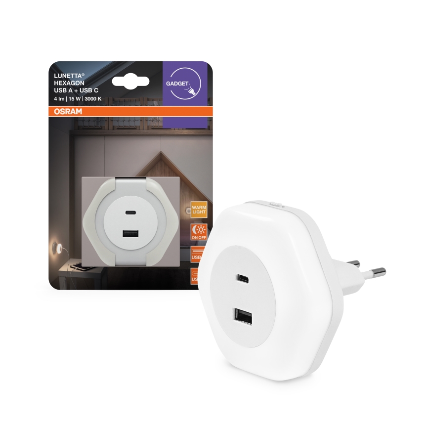 Osram - LED orientējoša naktslampa kontaktligzdai ar USB LUNETTA LED/15W/230V balta