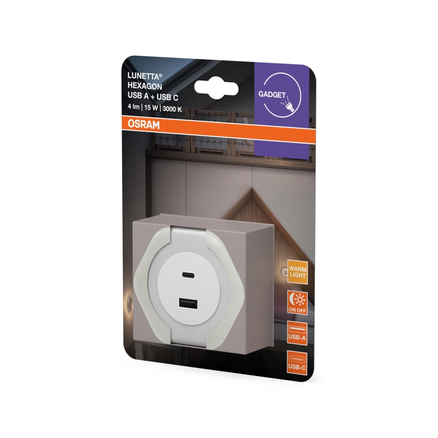 Osram - LED orientējoša naktslampa kontaktligzdai ar USB LUNETTA LED/15W/230V balta