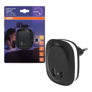 Osram - LED naktslampiņa kontaktligzdai ar sensoru un USB LUNETTA LED/12,5W/230V melna