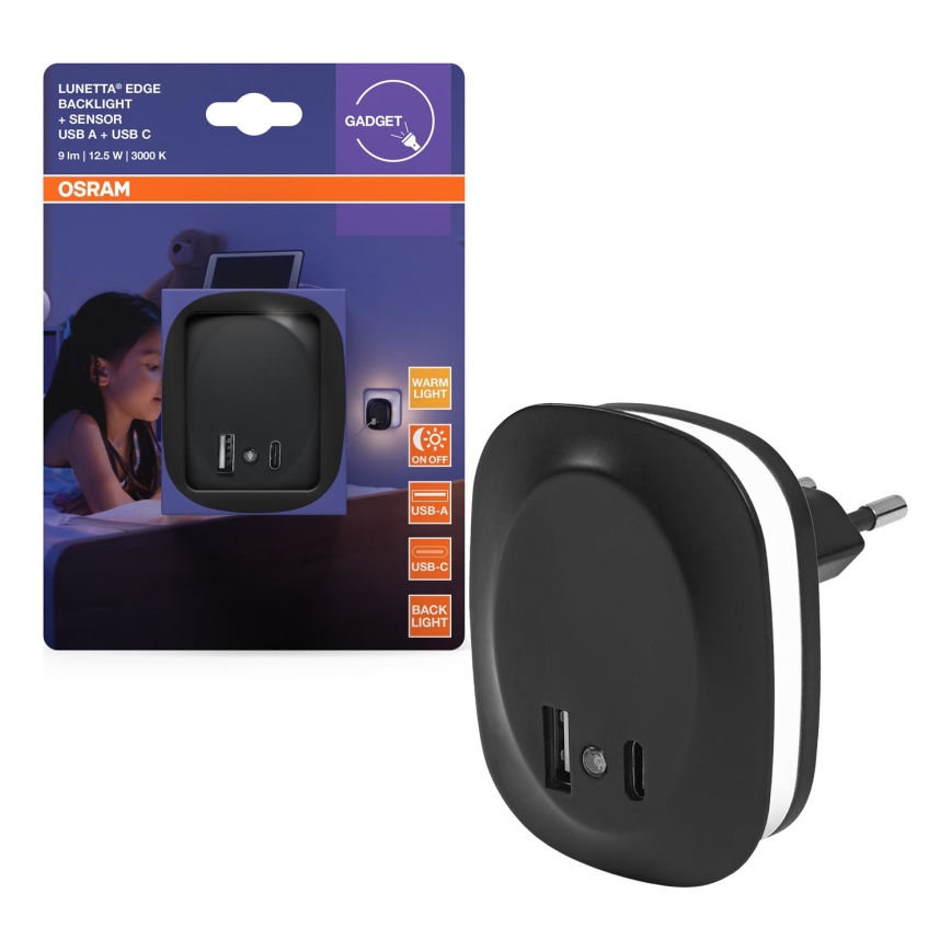 Osram - LED naktslampiņa kontaktligzdai ar sensoru un USB LUNETTA LED/12,5W/230V melna