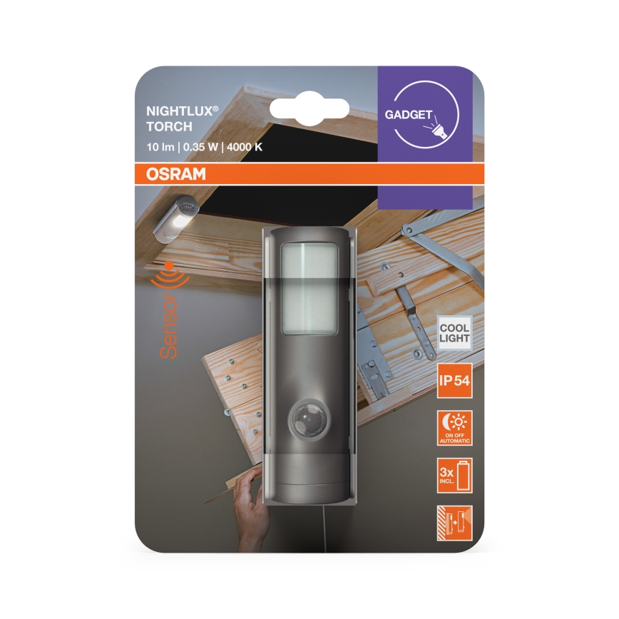 Osram - LED orientācijas lampiņa ar sensoru NIGHTLUX LED/0,35W/3xAAA IP54 sudraba