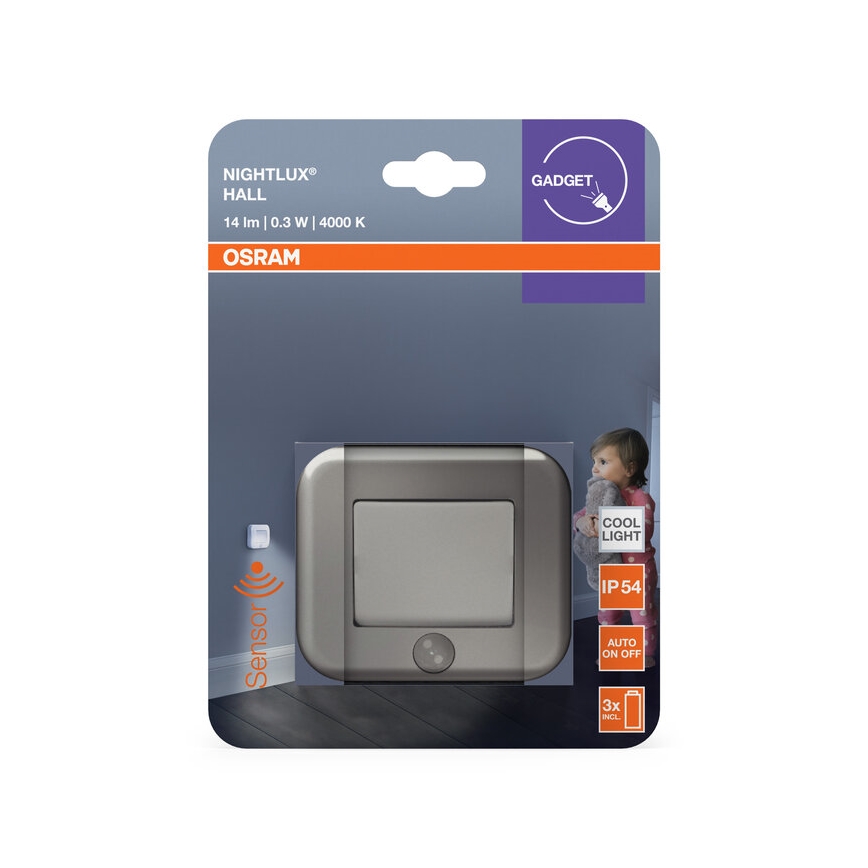 Osram - NIGHTLUX orientējošs LED gaismeklis ar sensoru, LED/0,3W/3xAAA IP54, sudraba
