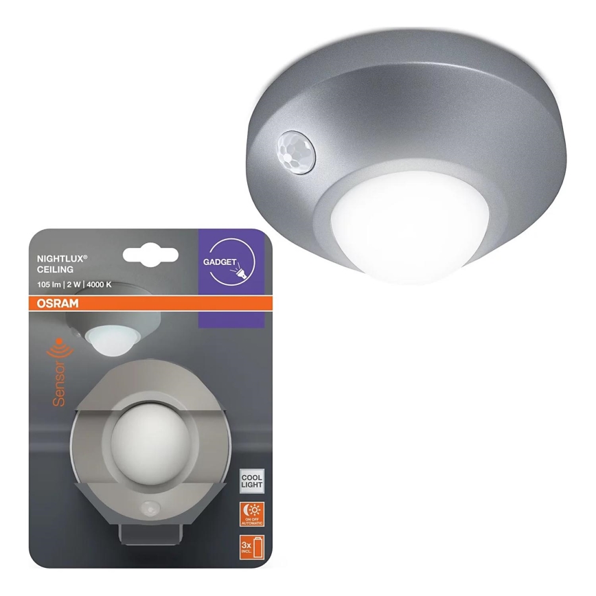 Osram - LED orientācijas gaismeklis ar sensoru NIGHTLUX LED/2W/3xAA sudraba
