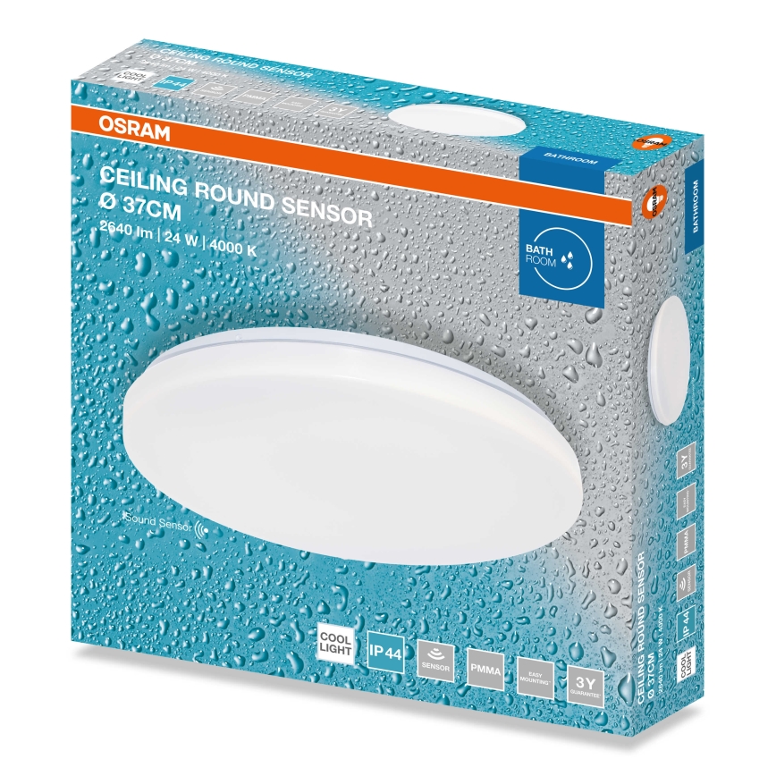Osram - apaļa LED vannasistabas griestu lampa ar krēslas sensoru, 24 W, 230 V, 4000 K, Ø 37 cm, IP44, balta