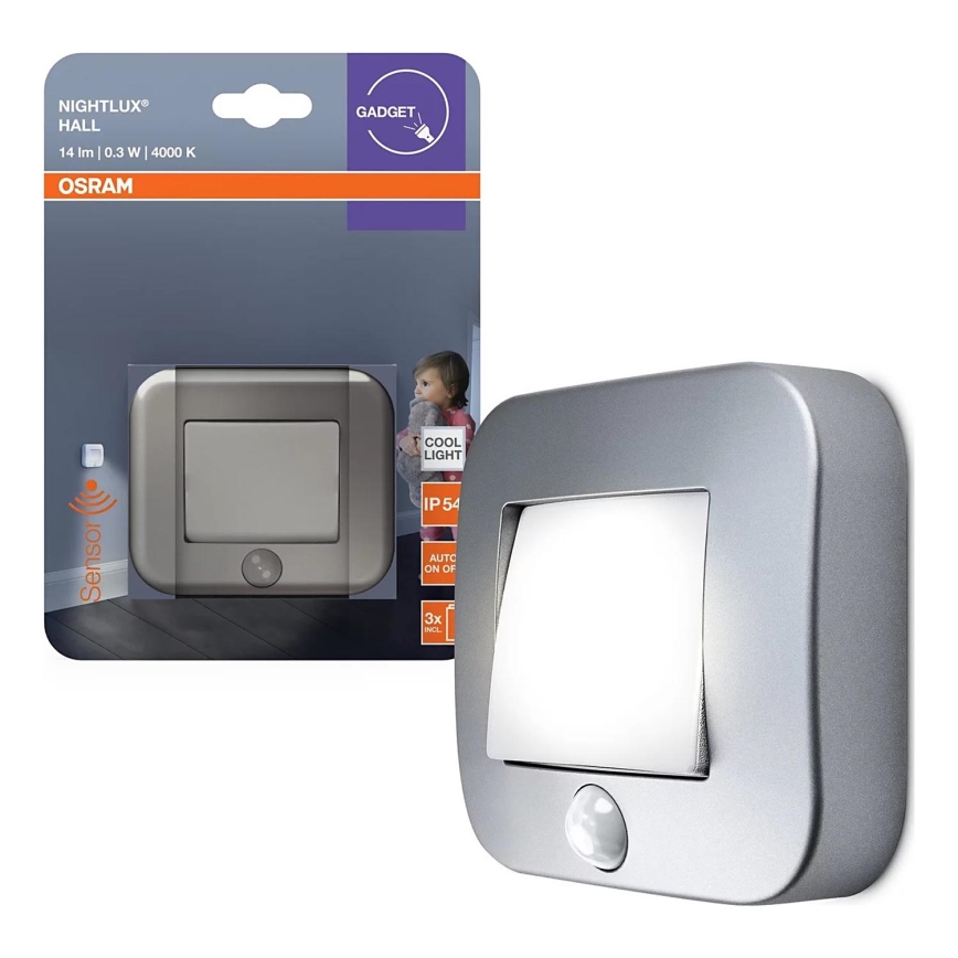 Osram - NIGHTLUX orientējošs LED gaismeklis ar sensoru, LED/0,3W/3xAAA IP54, sudraba