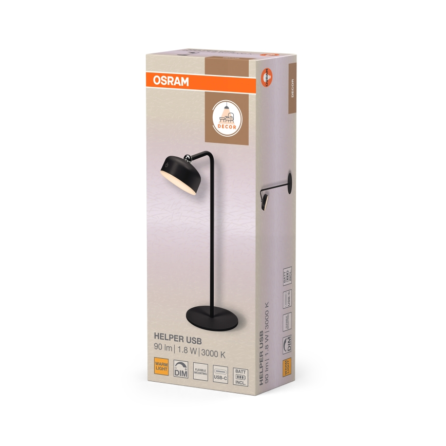 Osram - Uzlādējama, regulējama LED galda lampa 3 vienā DECOR HELPER LED/1,8W/5V melna