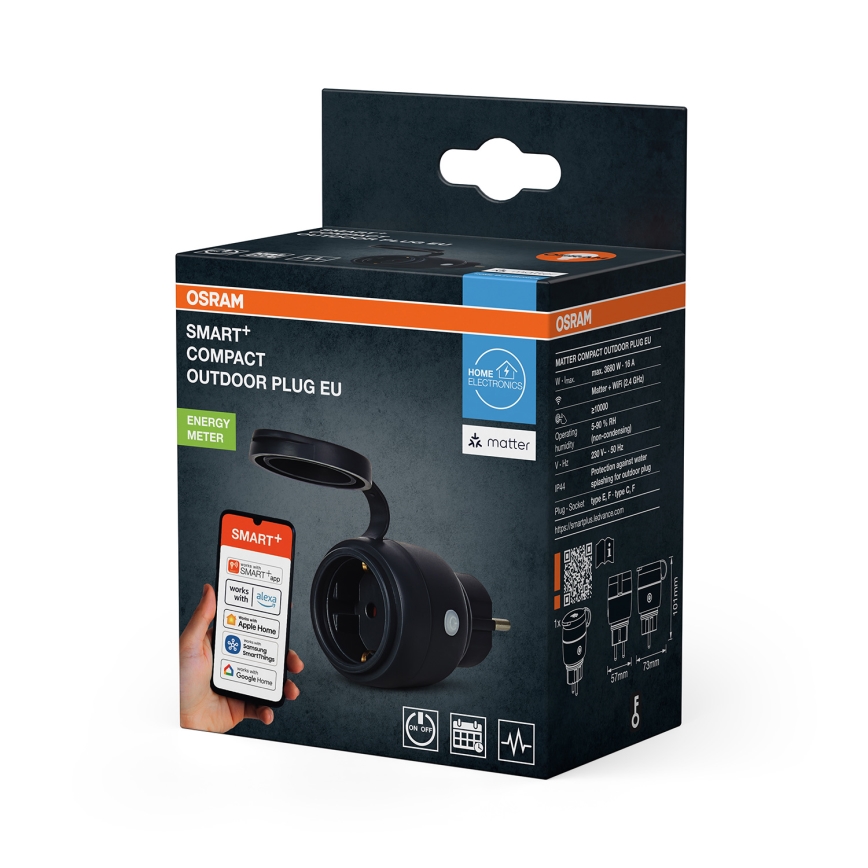 Osram - Viedā āra rozete SMART+ MATTER SCHUKO 3680W/230V/16A IP44 Wi-Fi