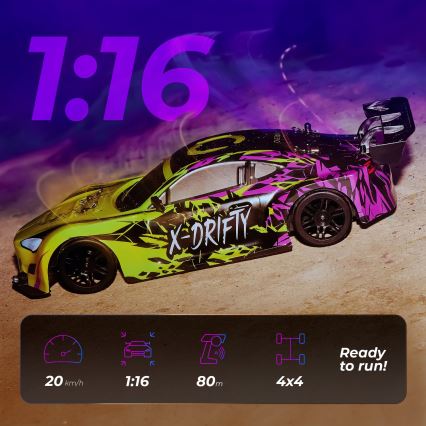 Overmax - RC drifta auto ar tālvadību X-DRIFT 1000 mAh dzeltena/violeta