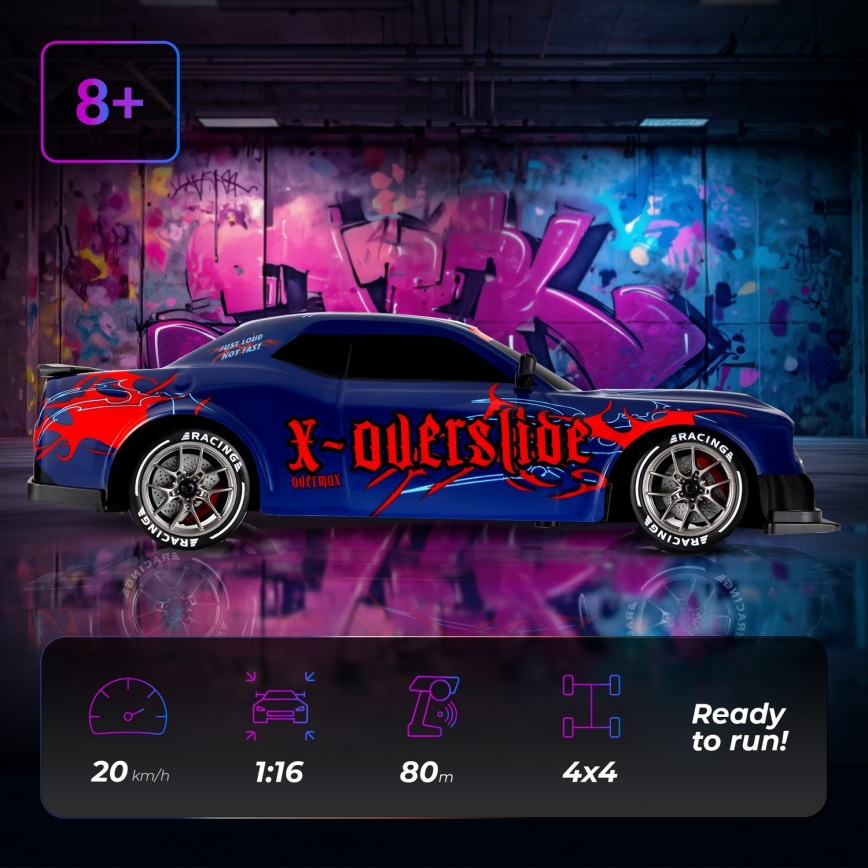 Overmax - RC drift automašīna ar tālvadību X-OVERSLIDE 1000 mAh melna/zaļa/zila/sarkana