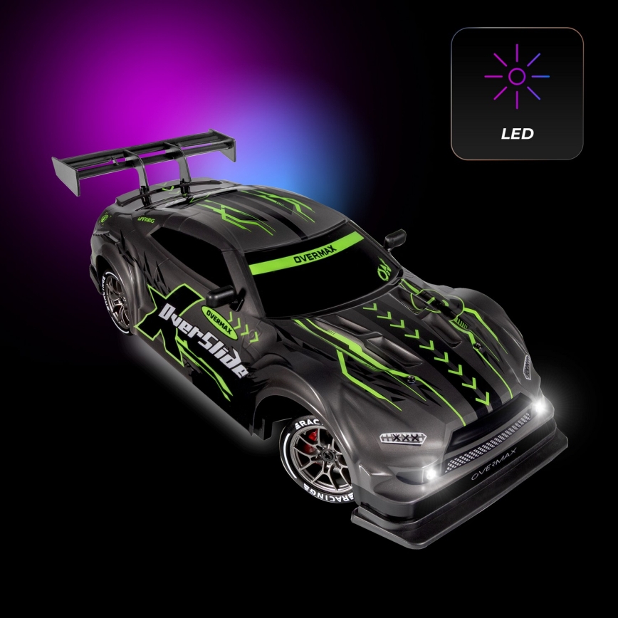 Overmax - RC drift automašīna ar tālvadību X-OVERSLIDE 1000 mAh melna/zaļa/zila/sarkana