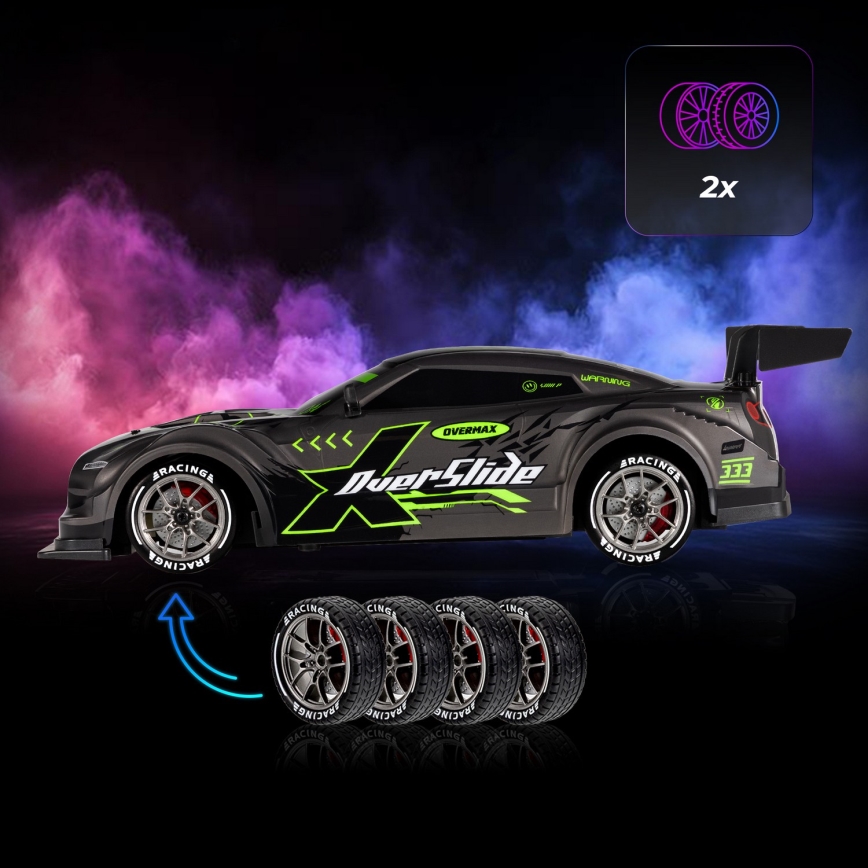 Overmax - RC drift automašīna ar tālvadību X-OVERSLIDE 1000 mAh melna/zaļa/zila/sarkana