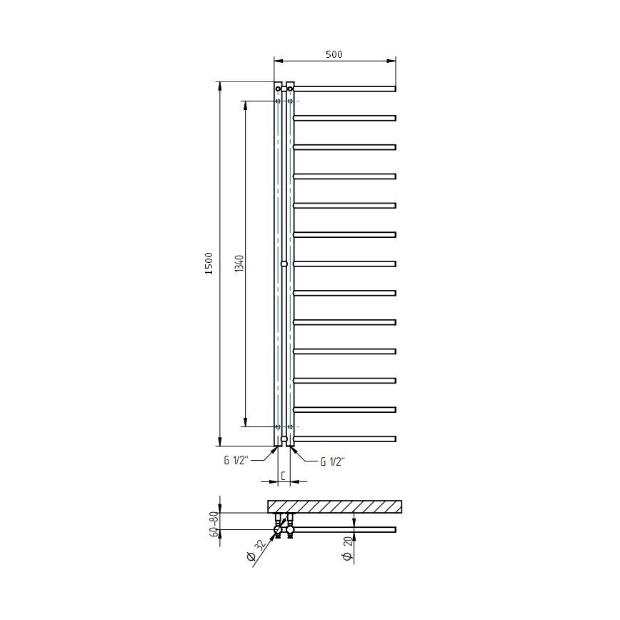 P.M.H. AP2C-L - Vannas istabas dvieļu žāvētājs APOLLO 219W 150 cm kreisais/glancēts hroms