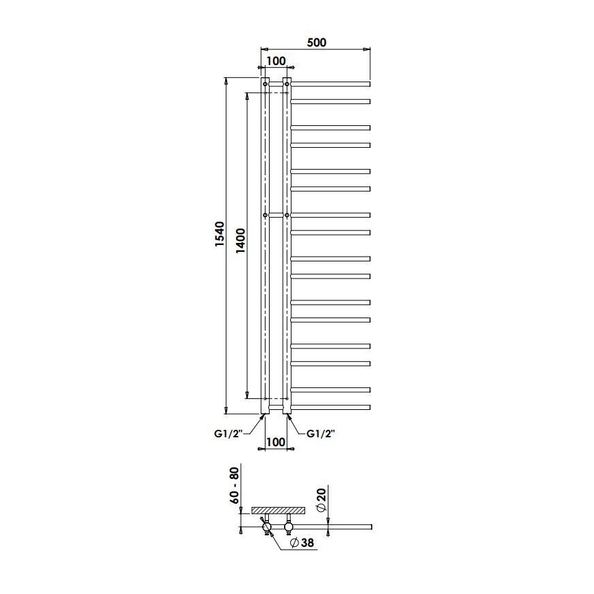 P.M.H. T2C - Vannas istabas dvieļu radiators THEIA 352W 154 cm labais/pulēts hroms