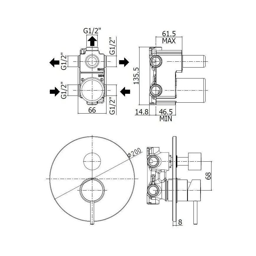 Paffoni - dušas jaucējkrāns slēptai iebūvei LIGHT, melns