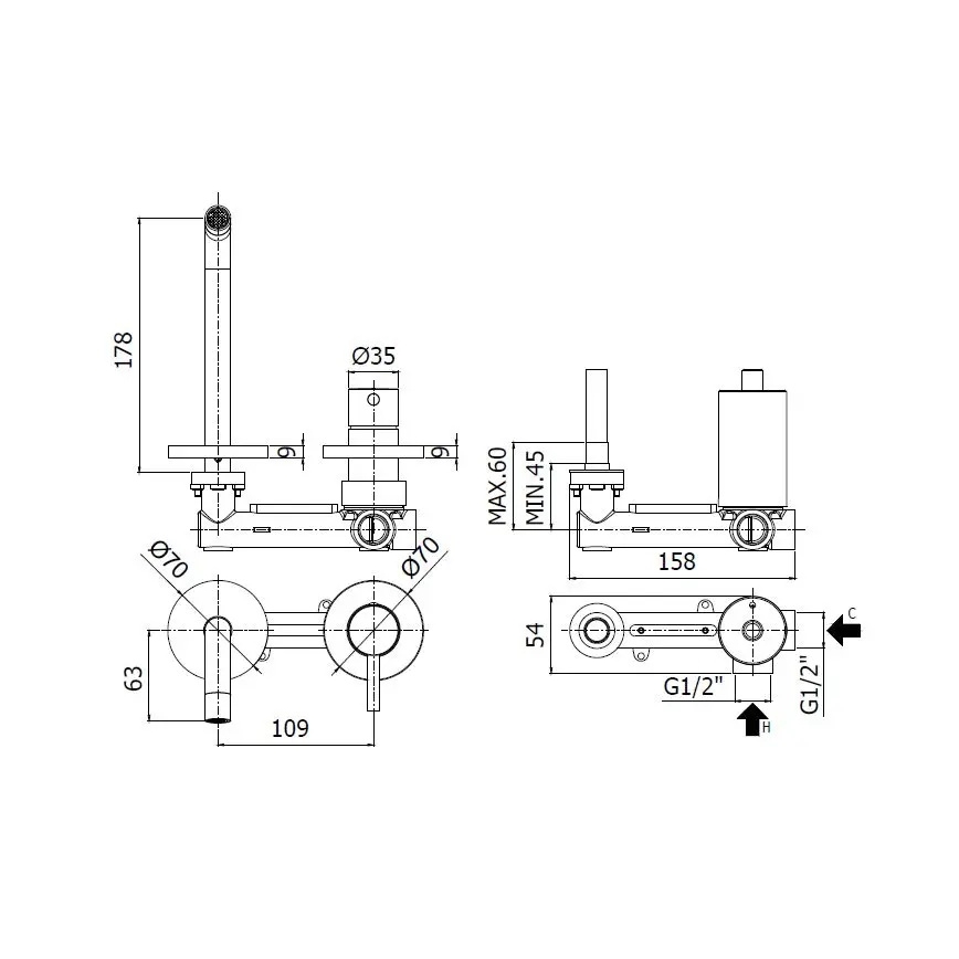 Paffoni - izlietnes jaucējkrāns LIGHT slēptai iebūvei, zelta