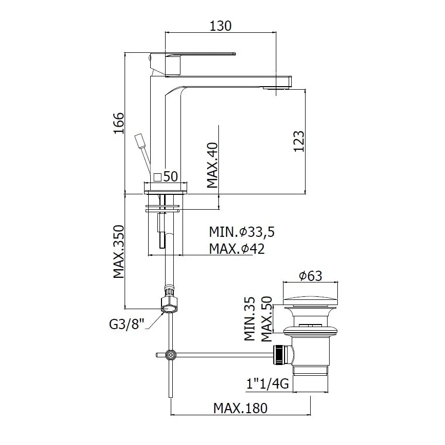 Paffoni - izlietnes jaucējkrāns TANGO ar aizbīdni, no nerūsējošā tērauda