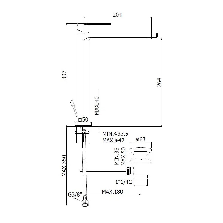 Paffoni - izlietnes jaucējkrāns TANGO ar paceļamo aizbāzni, nerūsējošā tērauda