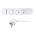 Pagarinājuma kabelis ar slēdzi, 3 kontaktligzdām un USB A+C portiem, 3 m