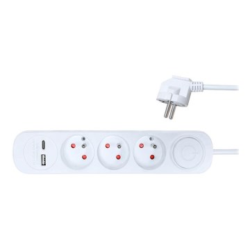Pagarinājuma kabelis ar slēdzi 3 kontaktligzdas + 2x USB 2m balts