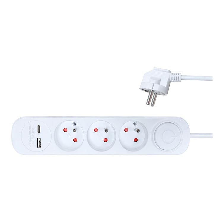 Pagarinājuma kabelis ar slēdzi 3 kontaktligzdas + 2x USB 2m balts