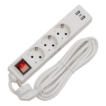 Pagarinājuma kabelis ar slēdzi, 3 kontaktligzdas + 2x USB‑A + 1x USB‑C, 3 m, SCHUKO, balts