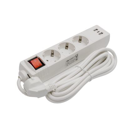 Pagarinājuma kabelis ar slēdzi, 3 kontaktligzdas + 2x USB‑A + 1x USB‑C, 3 m, SCHUKO, balts