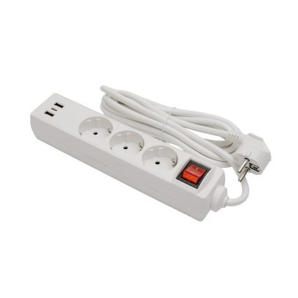 Pagarinājuma kabelis ar slēdzi, 3 kontaktligzdas + 2x USB‑A + 1x USB‑C, 3 m, SCHUKO, balts