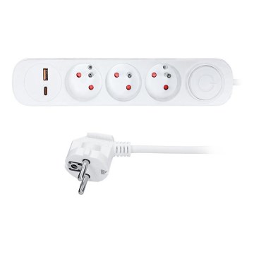 Pagarinājuma kabelis ar slēdzi, 3 kontaktligzdas, USB A un USB‑C uzlāde, 2 m