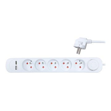 Pagarinājuma kabelis ar slēdzi 5 kontaktu + 2x USB 3m balts
