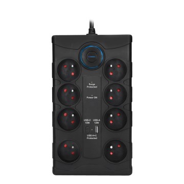 Pagarinājuma kabelis ar slēdzi 8Z E tips + 1xUSB-A + 1xUSB-C 2m melns