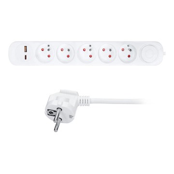 Pagarinājuma kabelis ar slēdzi un 5 ligzdām, ar USB‑A un USB‑C uzlādes portiem, 3 m