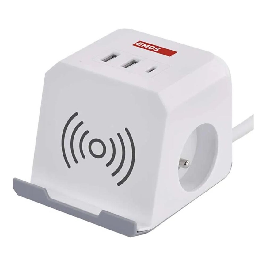 Pagarināmais kabelis ar bezvadu QI uzlādi 2Z +2xUSB-A+1xUSB-C 2m balts