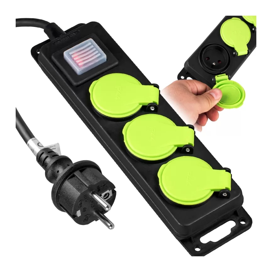 Pagarināmais kabelis ar slēdzi, 3 kontaktligzdas, 5 m, IP44