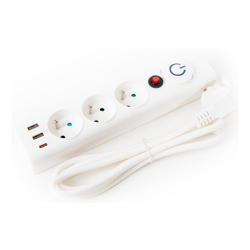 Pagarināmais kabelis ar slēdzi 3 kontaktu E tips + 2x USB-A + 1x USB-C 1,5 m