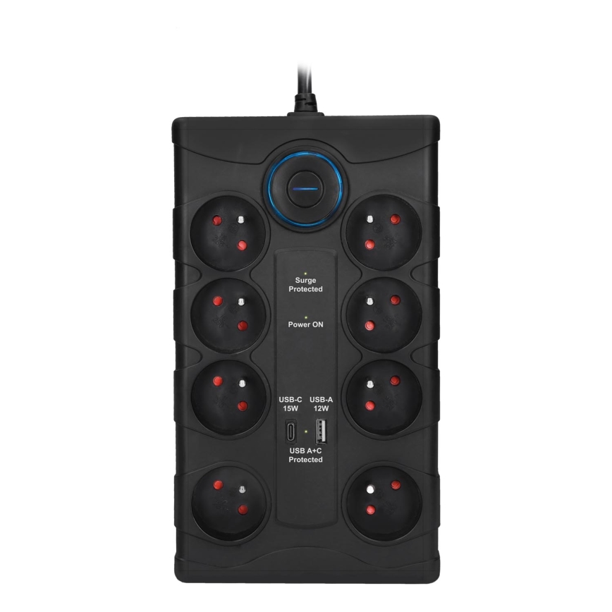 Pagarināmais kabelis ar slēdzi un pārsprieguma aizsardzību 8Z E tips + 1xUSB-A + 1xUSB-C 2m melns