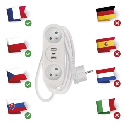 Pagarinājuma kabelis 2 kontaktligzdas + 2x USB-A + USB-C 1,4 m