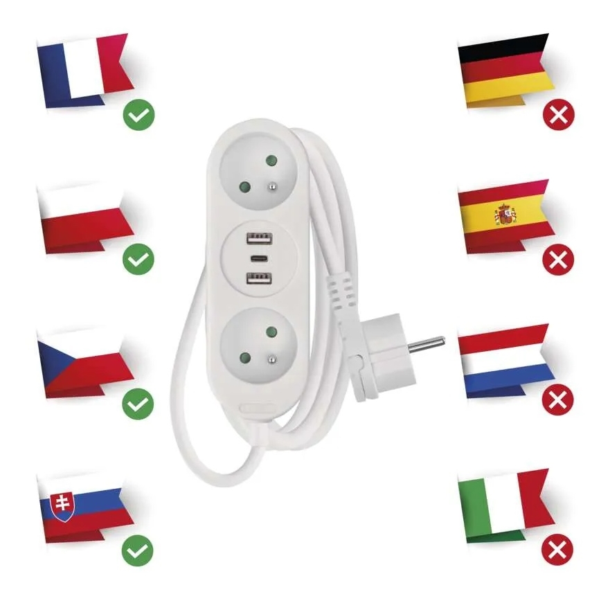 Pagarinājuma kabelis 2 kontaktligzdas + 2x USB-A + USB-C 1,4 m