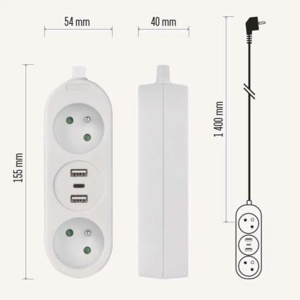 Pagarināšanas kabelis ar 2 kontaktligzdām, 2x USB-A un USB-C, 1,4 m