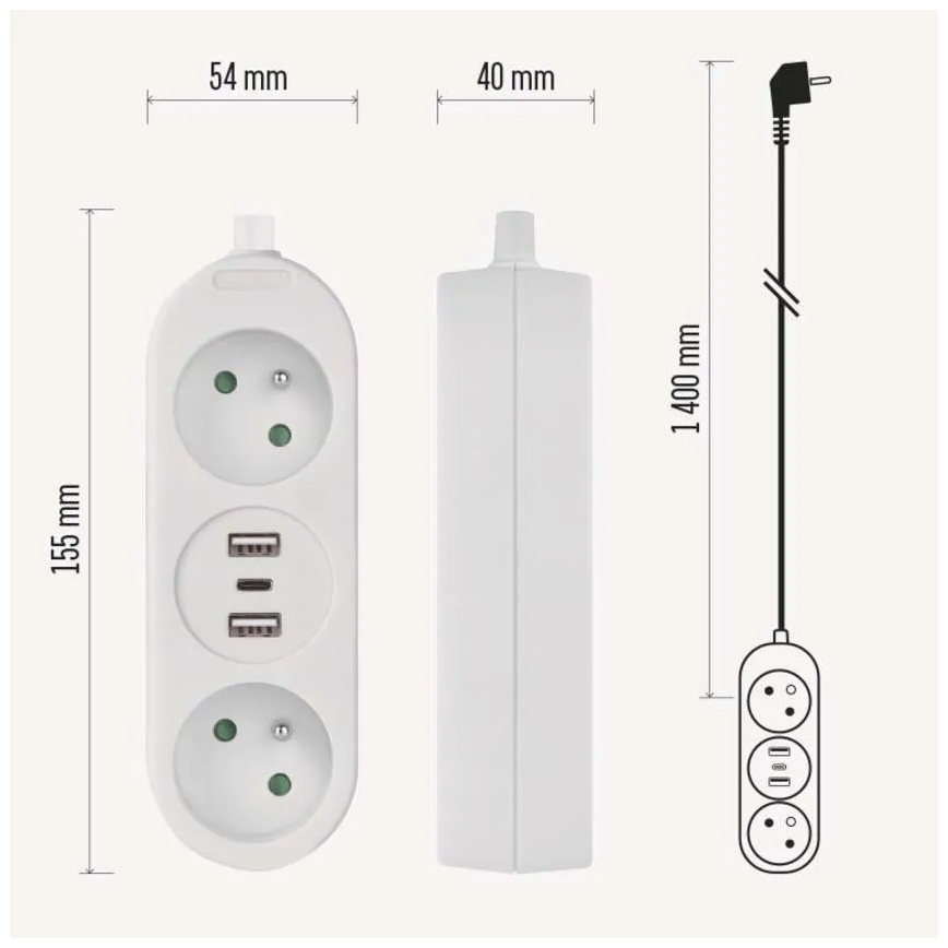 Pagarināšanas kabelis ar 2 kontaktligzdām, 2x USB-A un USB-C, 1,4 m