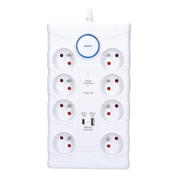 Pagarināšanas kabelis ar slēdzi 8Z E tips + 1xUSB-A + 1xUSB-C 2m balts